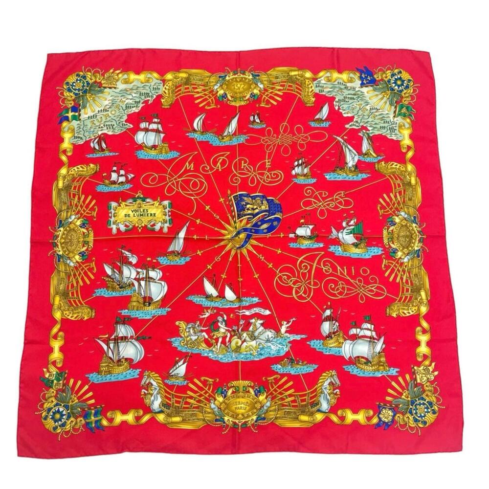 HERMES VOILES DE LUMIERE (Sailboats of Light) Red Silk Multicolor Scarf/Muffl...